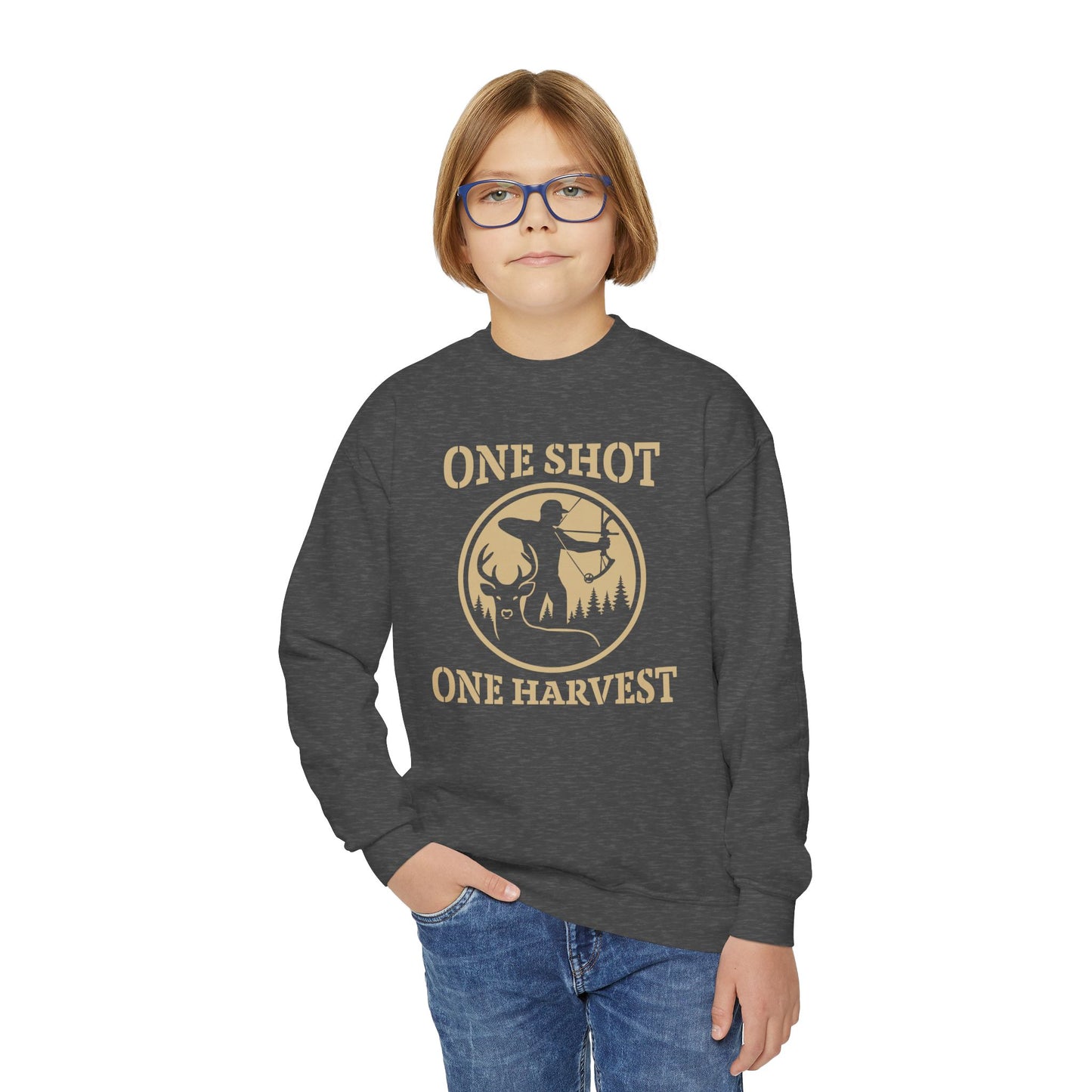 One Shot One Harvest Youth Unisex Sweatshirt | Cozy Outdoor Apparel, Perfect for Fall, Gifts for Young Hunters