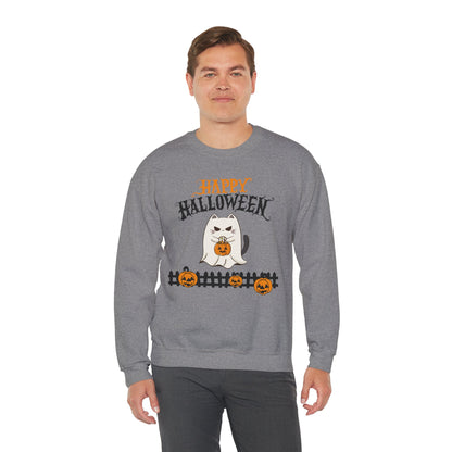 Halloween Cat Crewneck Sweatshirt, Cozy Fall Style, Unisex, Pumpkins, Cute Cat