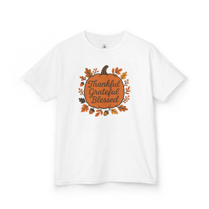 Thankful Grateful Blessed Kids Tee, Fall Shirt, Autumn Outfit, Thanksgiving Gift, Kids Cotton T-Shirt