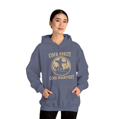 Hunting Themed Unisex Hoodie, Perfect for Bow Hunters, Fall Gatherings, Gifts, Cozy Layering, One Shot One Harvest Design