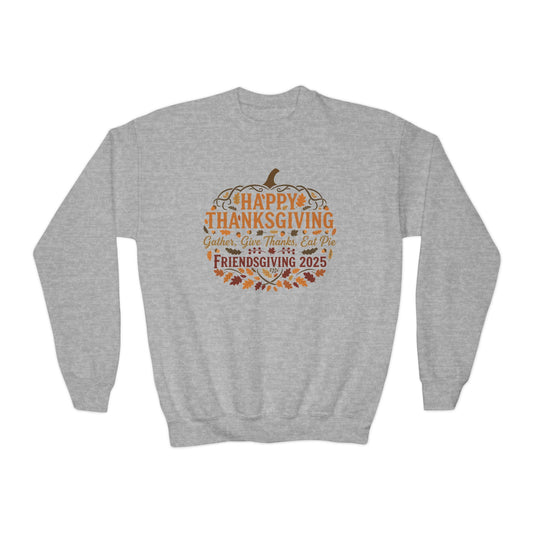 Happy Thanksgiving Youth Crewneck Sweatshirt, Fall Apparel, Pumpkin Design, Cozy Gift, Friendsgiving 2025