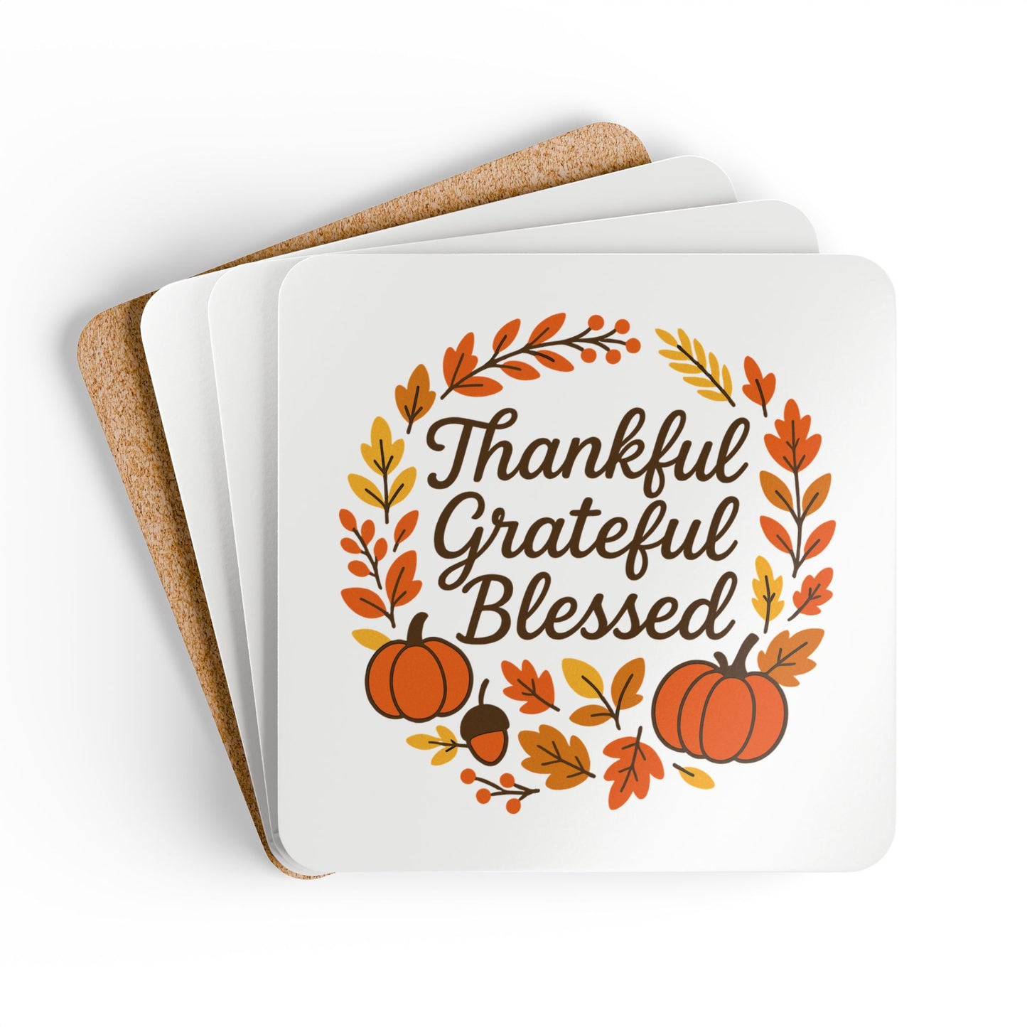 Thankful Grateful Blessed Cork Coaster Set | Autumn Decor, Fall Home Accents, Thanksgiving Gifts, Rustic Drink Coasters