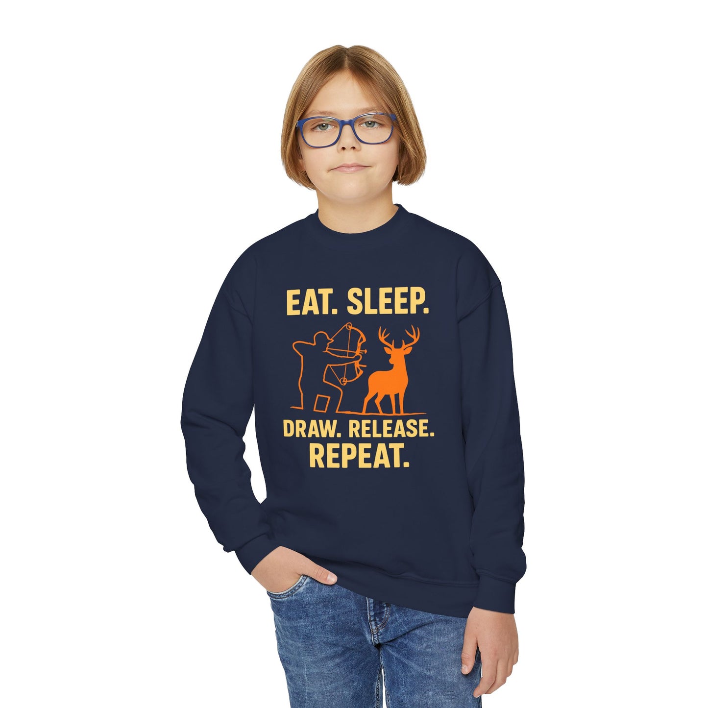 Eat Sleep Draw Release Repeat Youth Unisex Sweatshirt | Cute Hunter Sweatshirt, Gift for Nature Lovers, Outdoor Adventure Apparel