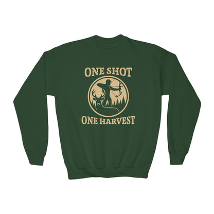 Youth Hunting Sweatshirt, Cozy Outdoor Apparel, Perfect for Fall, Gifts for Young Hunters, One Shot One Harvest Design
