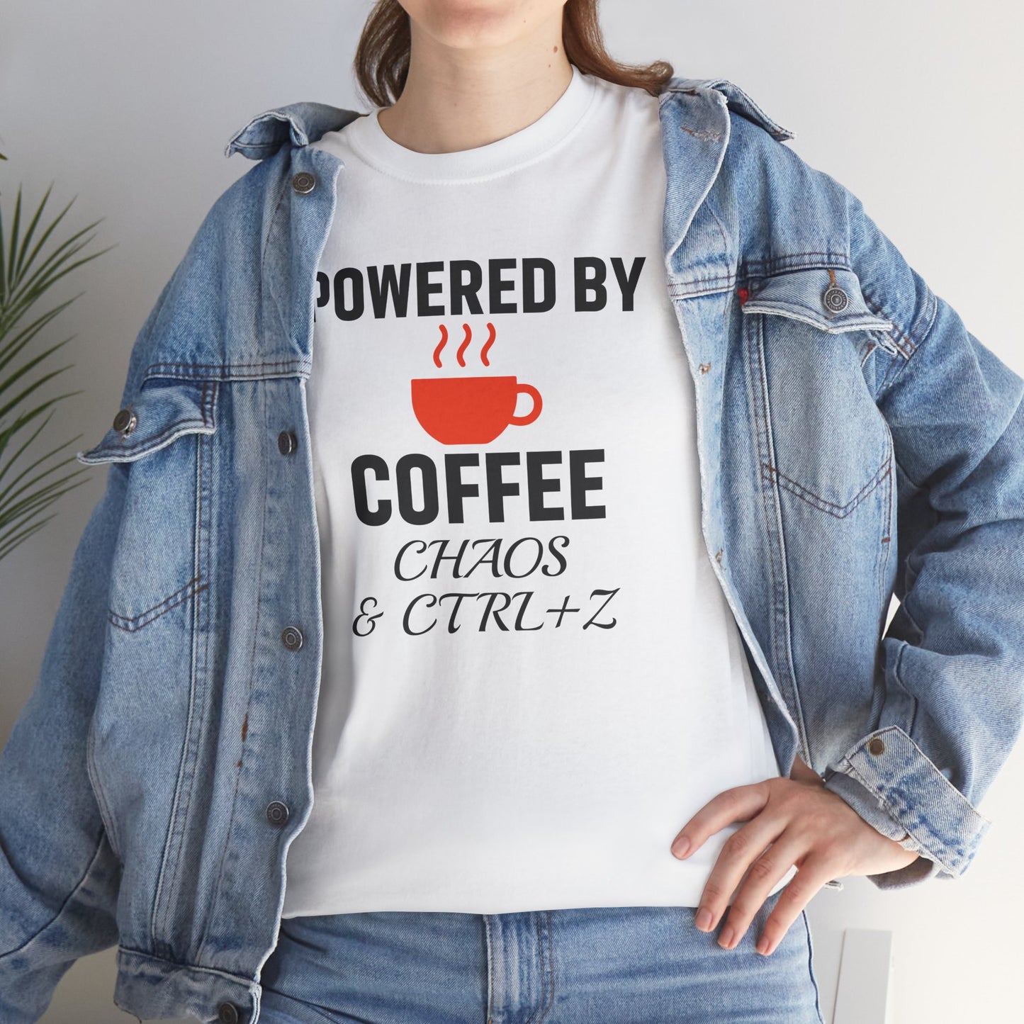 Powered By Coffee Chaos And CTRL+Z Unisex T-Shirt | Funny Coffee Lover Shirt, Perfect Office Gift, Casual Wear, Everyday Humor