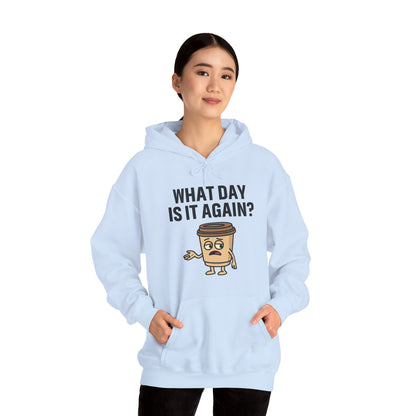 Coffee Cup Guy What Day Is It Again? Unisex Hoodie | Funny Coffee Themed Hoodie, Gift for Coffee Lovers, Comfy Lounge Wear