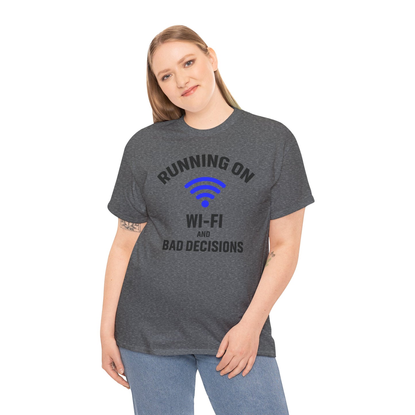 Running On Wi-Fi And Bad Decisions Unisex T-Shirt | Funny Tee for Tech Lovers, Gift for Internet Junkies, Office Gift