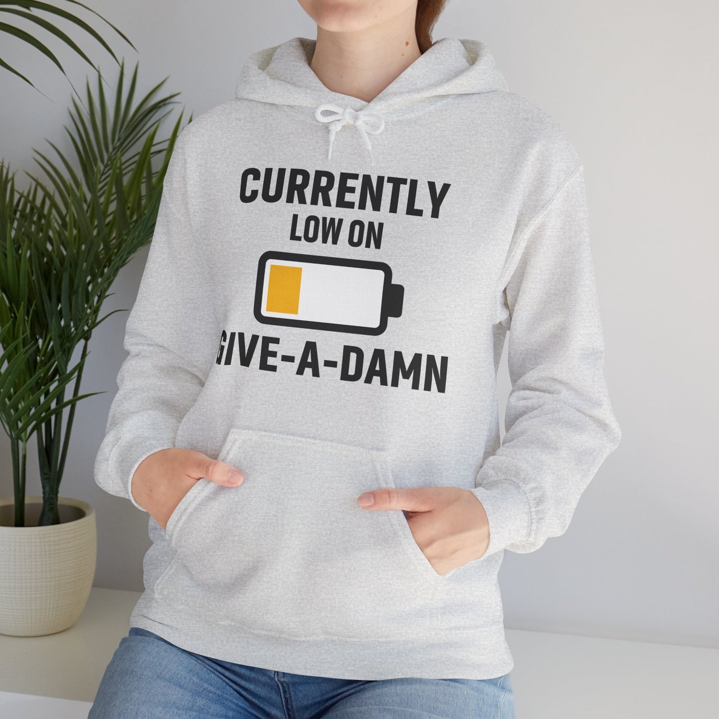 Currently Low On Give-A-Damn Unisex Hoodie | Casual Gift for Office Friends, Cozy Hoodie for Laughs, Humorous Apparel