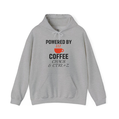 Powered By Coffee Chaos And CTRL+Z Unisex Hoodie | Cozy Gift for Coffee Lovers, Funny Sweatshirt, Office Work Attire, Perfect Gift