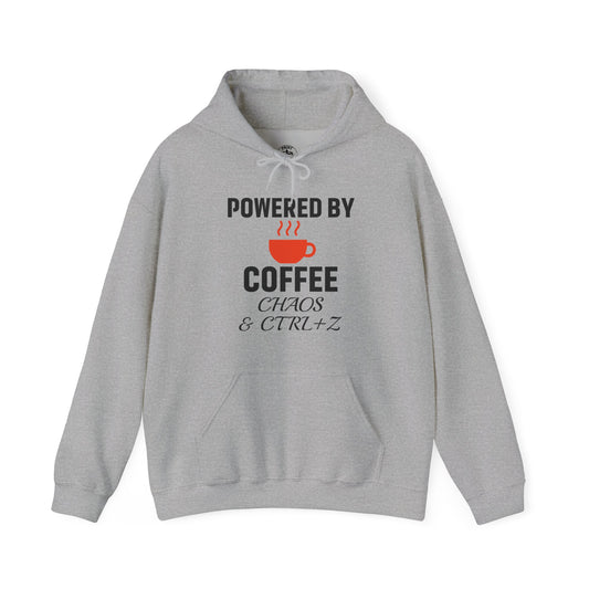 Powered By Coffee Chaos And CTRL+Z Unisex Hoodie | Cozy Gift for Coffee Lovers, Funny Sweatshirt, Office Work Attire, Perfect Gift
