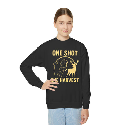 One Shot One Harvest Youth Unisex Sweatshirt | Kids Outdoor Apparel, Fall Season Gift, Youth Crewneck Sweatshirt
