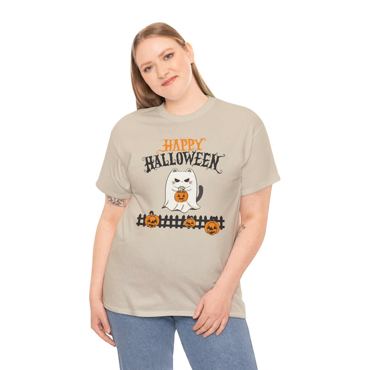 Halloween Cat Heavy Cotton Tee, Unisex, Spooky Fall Apparel, Cat Lover Shirt