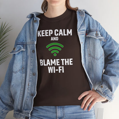 Keep Calm Blame the Wi-Fi Tee, Funny Unisex Heavy Cotton Tee, Perfect for Tech Lovers, Office Gifts, Internet Humor Shirt