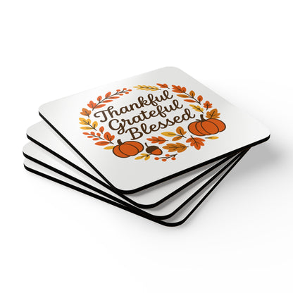Thankful Grateful Blessed Cork Coaster Set | Autumn Decor, Fall Home Accents, Thanksgiving Gifts, Rustic Drink Coasters