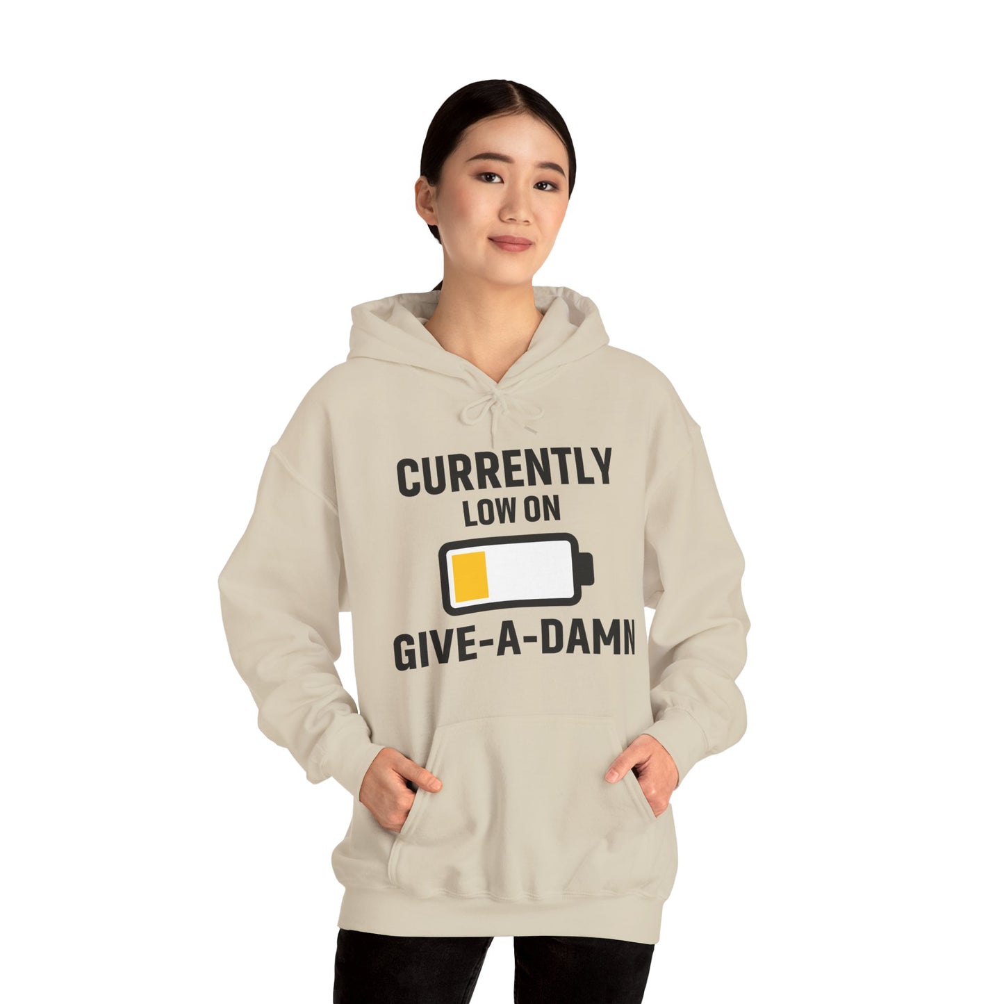 Currently Low On Give-A-Damn Unisex Hoodie | Casual Gift for Office Friends, Cozy Hoodie for Laughs, Humorous Apparel