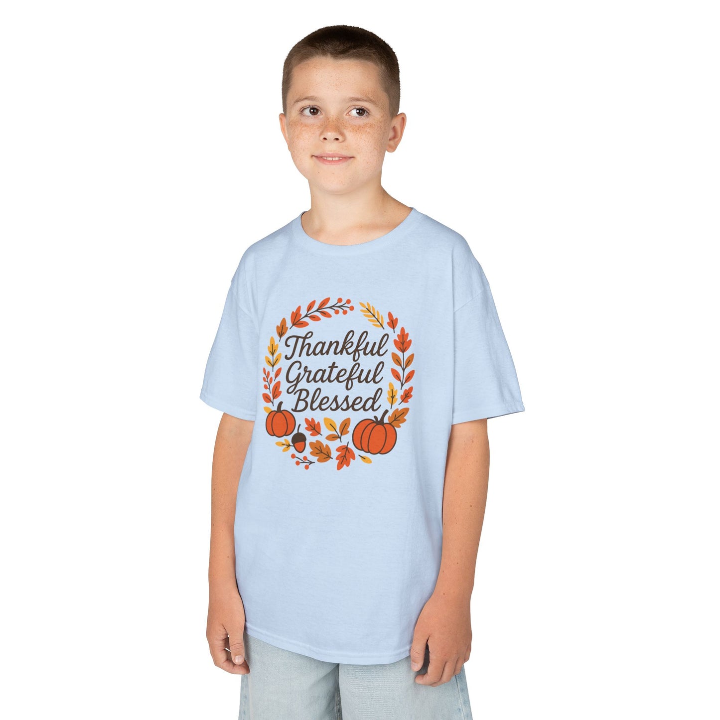 Thankful Grateful Blessed Youth Unisex T-Shirt | Thanksgiving Tee, Kids Autumn Apparel, Pumpkin Graphic Shirt, Seasonal Kids Clothing