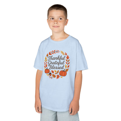 Thankful Grateful Blessed Youth Unisex T-Shirt | Thanksgiving Tee, Kids Autumn Apparel, Pumpkin Graphic Shirt, Seasonal Kids Clothing