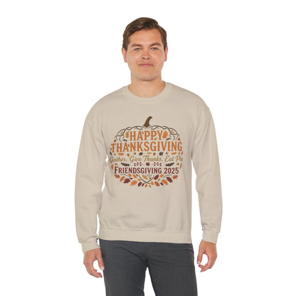 Happy Thanksgiving Friendsgiving 2025 Unisex Sweatshirt | Cozy Fall Apparel, Gift for Friends, Pumpkin Design, Autumn Fashion