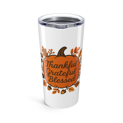 Thankful Grateful Blessed Pumpkin Tumbler - 20oz Travel Mug for Autumn, Thanksgiving Gift, Fall Decor, Holiday Beverage Cup