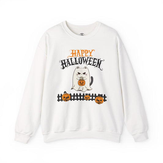 Halloween Cat Crewneck Sweatshirt, Cozy Fall Style, Unisex, Pumpkins, Cute Cat