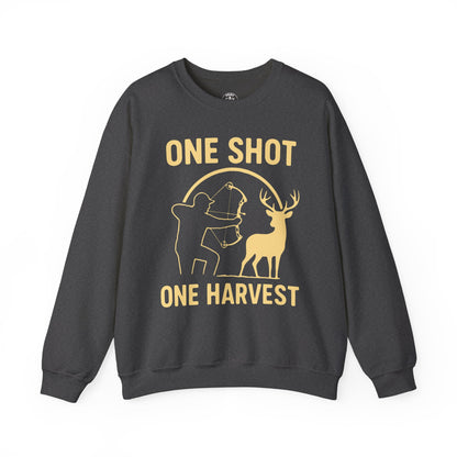 Hunting-Themed Crewneck Sweatshirt, Outdoor Apparel, Gift for Hunters, Fall Fashion, Men's Sweatshirt, One Shot One Harvest