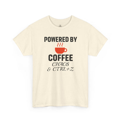 Powered By Coffee Chaos And CTRL+Z Unisex T-Shirt | Funny Coffee Lover Shirt, Perfect Office Gift, Casual Wear, Everyday Humor