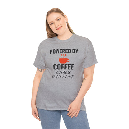 Powered By Coffee Chaos And CTRL+Z Unisex T-Shirt | Funny Coffee Lover Shirt, Perfect Office Gift, Casual Wear, Everyday Humor