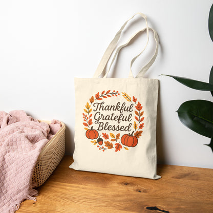 Thankful Grateful Blessed Tote Bag, Fall Harvest, Thanksgiving Shopping Bag, Autumn Canvas Bag, Gift for Her, Reusable Grocery Tote
