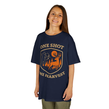 One Shot One Harvest Youth Unisex T-Shirt | Outdoor Adventure Shirt, Gifts for Young Hunters, Nature Lover Apparel