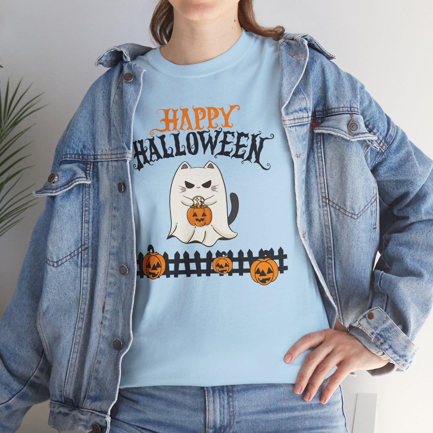 Halloween Cat Heavy Cotton Tee, Unisex, Spooky Fall Apparel, Cat Lover Shirt