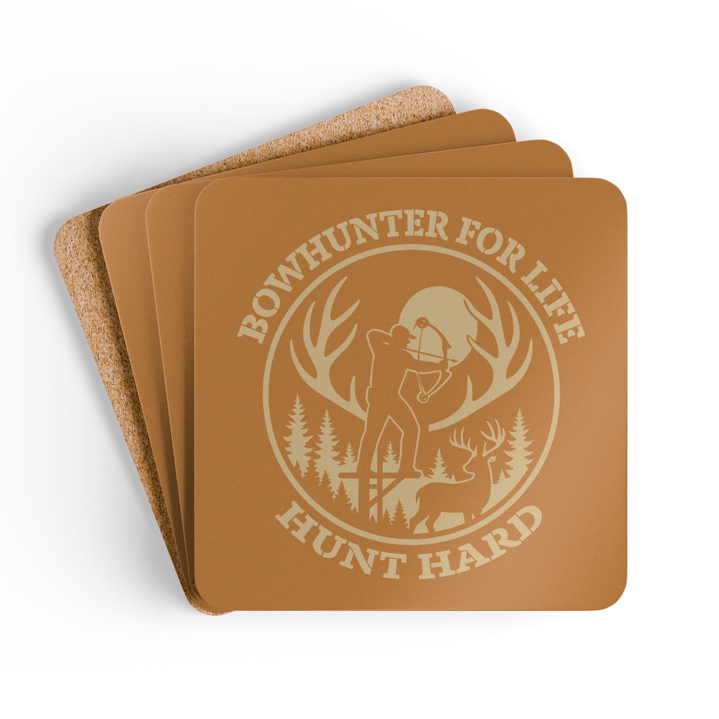 Bowhunter for Life Coaster Set | Rustic Cork Drink Coasters, Hunter Gift, Cabin Decor, Outdoor Enthusiast Accessories