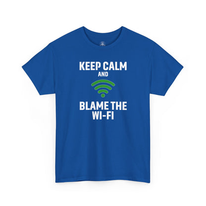 Keep Calm Blame the Wi-Fi Tee, Funny Unisex Heavy Cotton Tee, Perfect for Tech Lovers, Office Gifts, Internet Humor Shirt