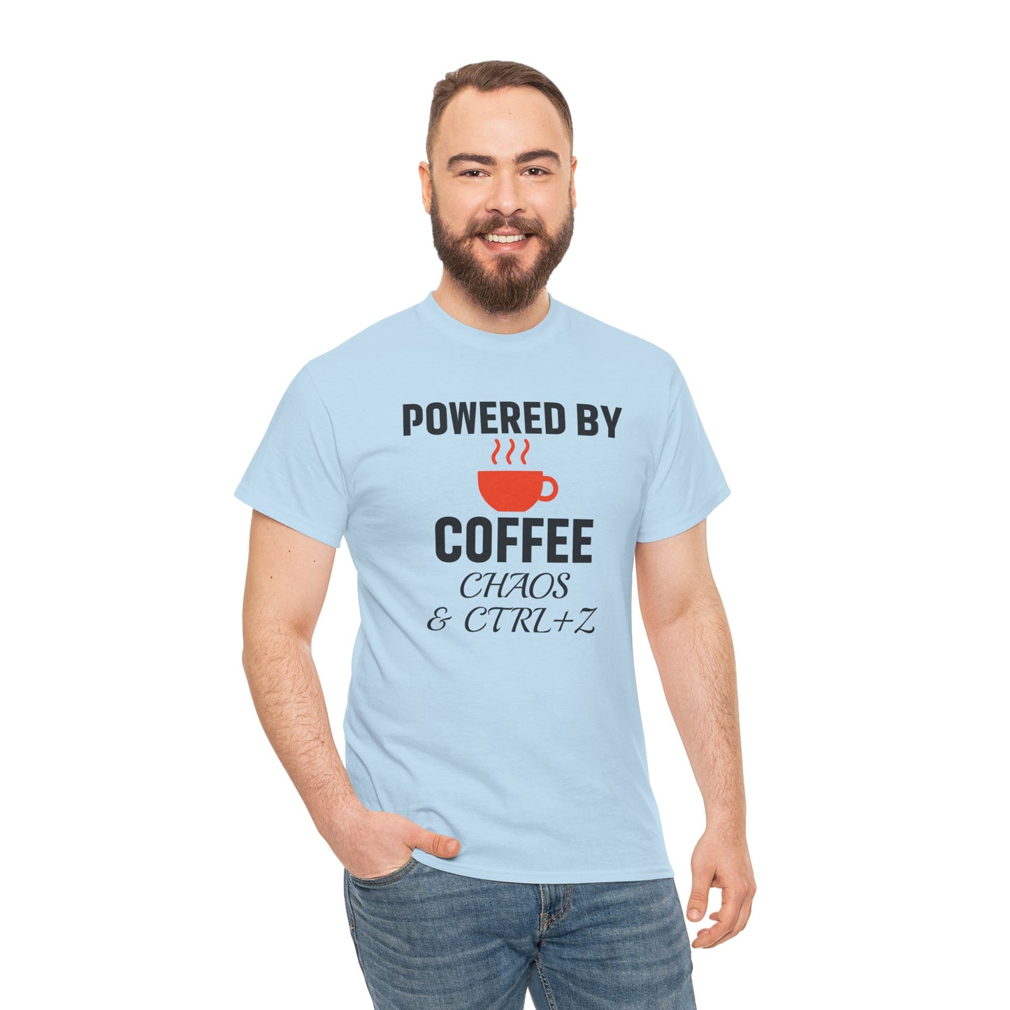 Powered By Coffee Chaos And CTRL+Z Unisex T-Shirt | Funny Coffee Lover Shirt, Perfect Office Gift, Casual Wear, Everyday Humor