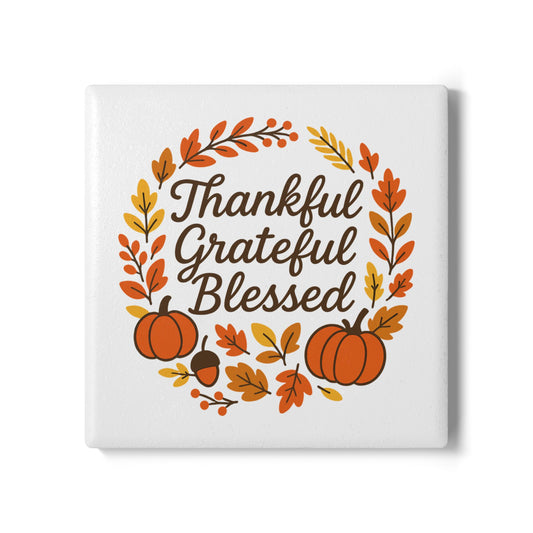 Thankful Grateful Blessed Ceramic Coaster - Fall Decor, Harvest Celebration, Autumn Gift, Thanksgiving Table, Home Decor