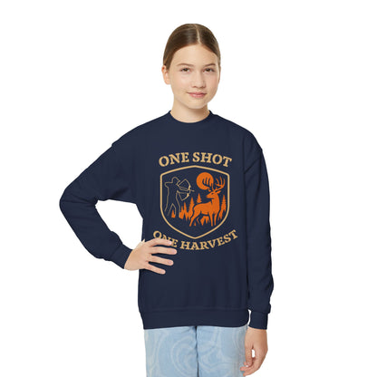 One Shot One Harvest Youth Unisex Sweatshirt | Perfect Gift for Young Hunters, Outdoor Sportswear, Fall and Winter Apparel