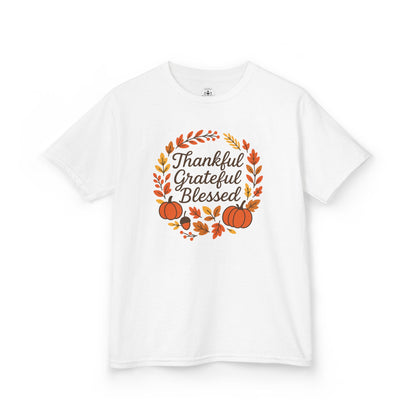 Thankful Grateful Blessed Youth Unisex T-Shirt | Thanksgiving Tee, Kids Autumn Apparel, Pumpkin Graphic Shirt, Seasonal Kids Clothing