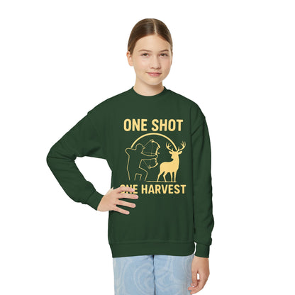 Youth Hunting Sweatshirt - One Shot One Harvest, Kids Outdoor Apparel, Fall Season Gift, Youth Crewneck Pullover, Birthday Gift