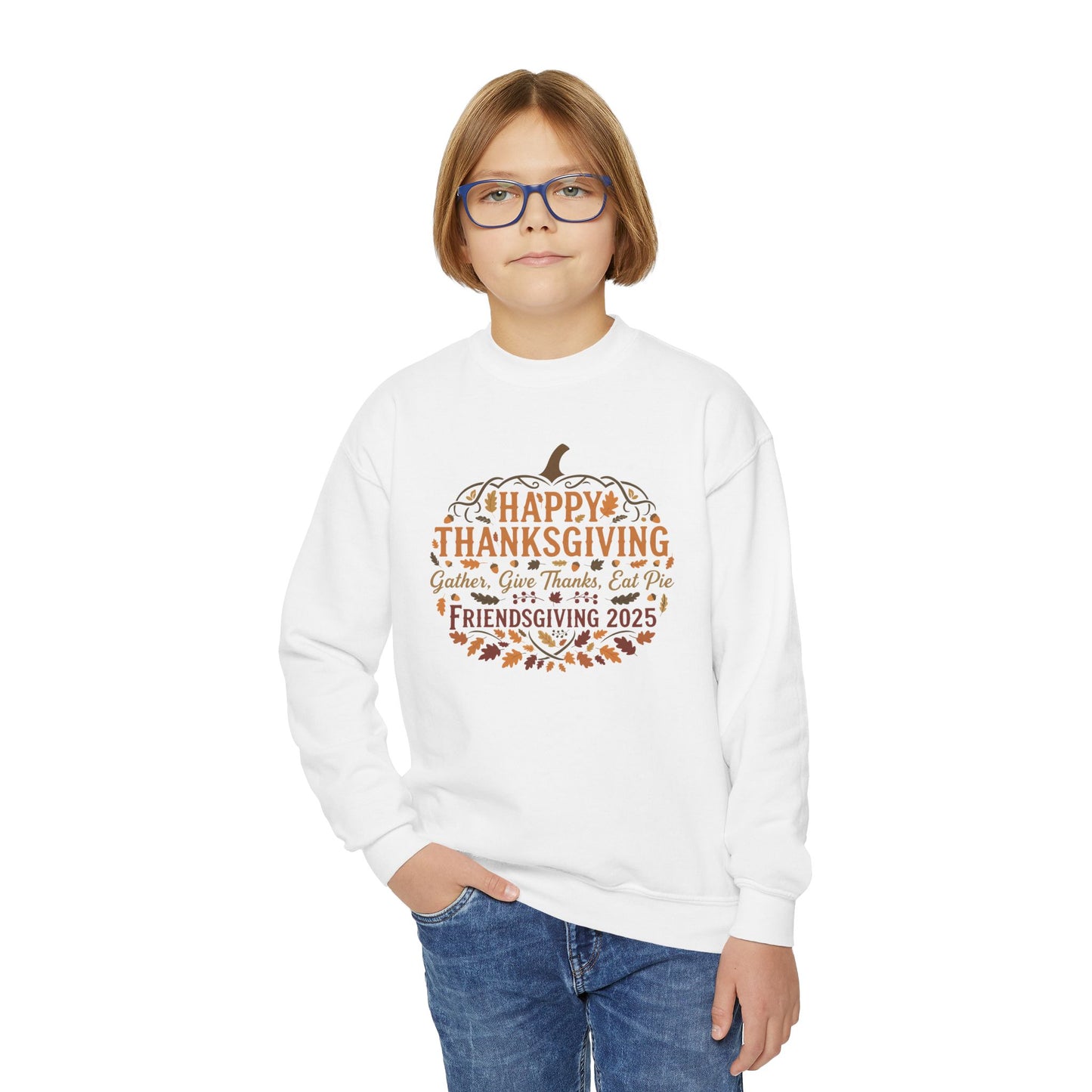 Happy Thanksgiving Youth Crewneck Sweatshirt, Fall Apparel, Pumpkin Design, Cozy Gift, Friendsgiving 2025
