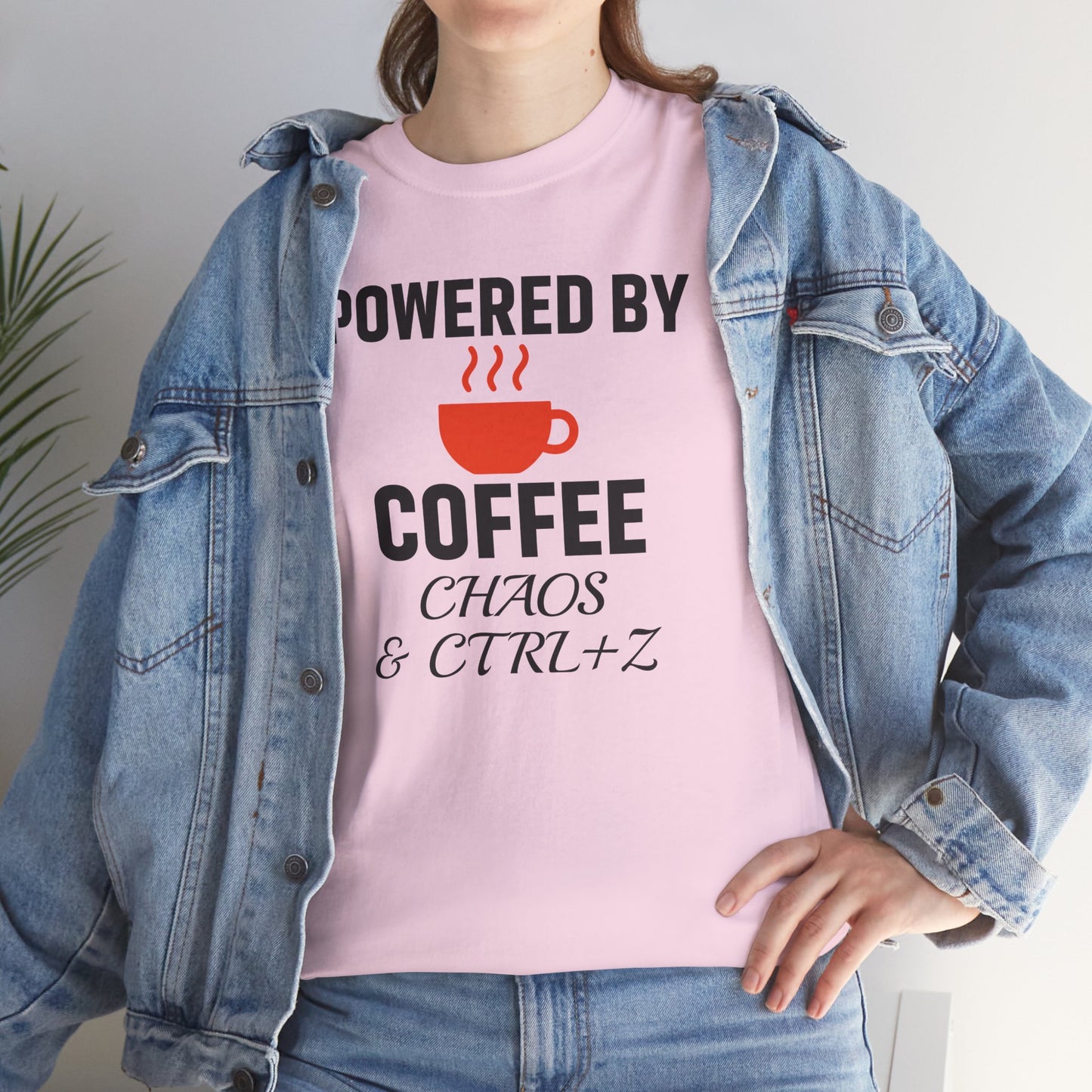 Powered By Coffee Chaos And CTRL+Z Unisex T-Shirt | Funny Coffee Lover Shirt, Perfect Office Gift, Casual Wear, Everyday Humor