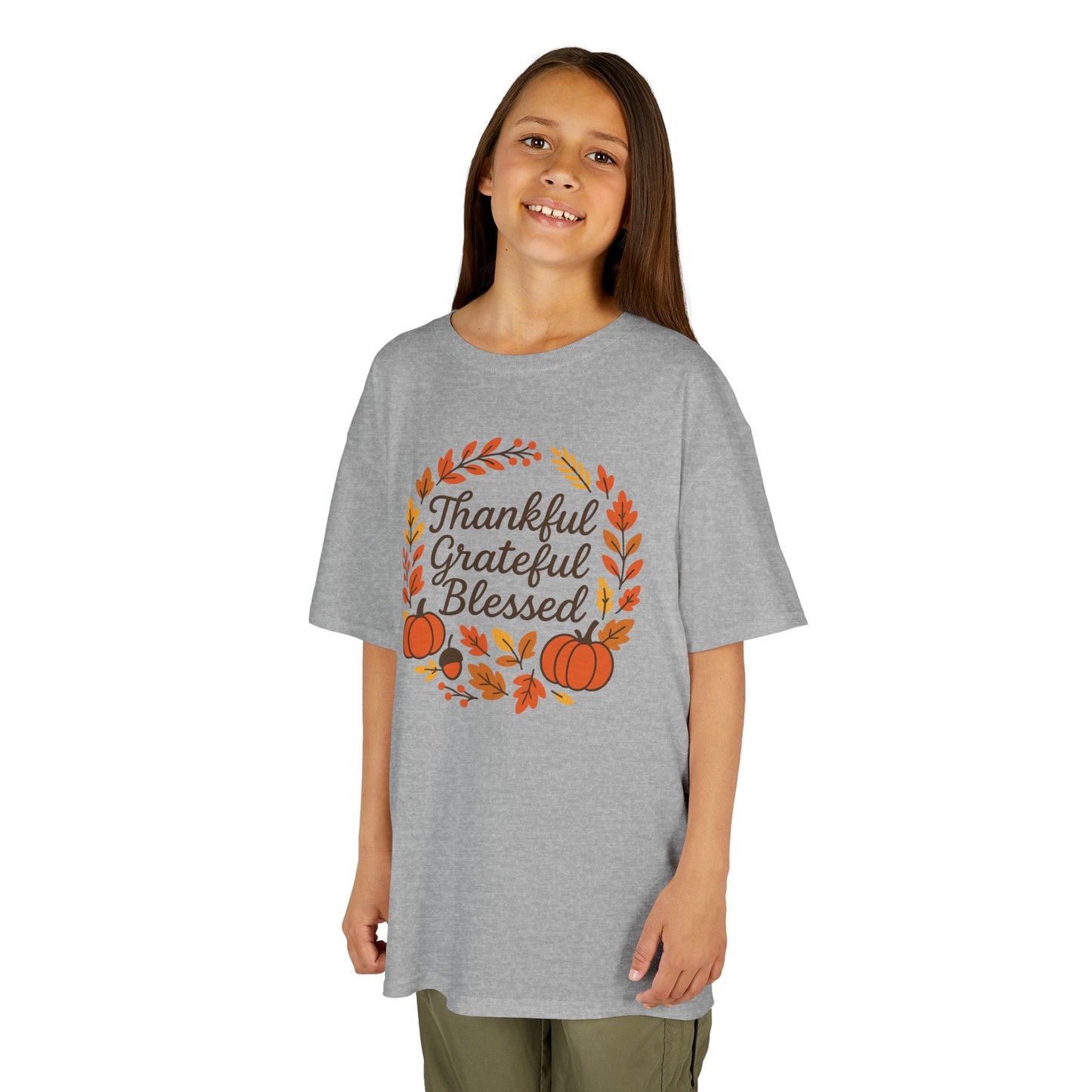 Thankful Grateful Blessed Youth Unisex T-Shirt | Thanksgiving Tee, Kids Autumn Apparel, Pumpkin Graphic Shirt, Seasonal Kids Clothing