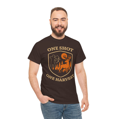 Hunting Tee Shirt, One Shot One Harvest Graphic Shirt, Outdoor Apparel, Gift for Hunters, Casual Wear, Hunting Season T-Shirt