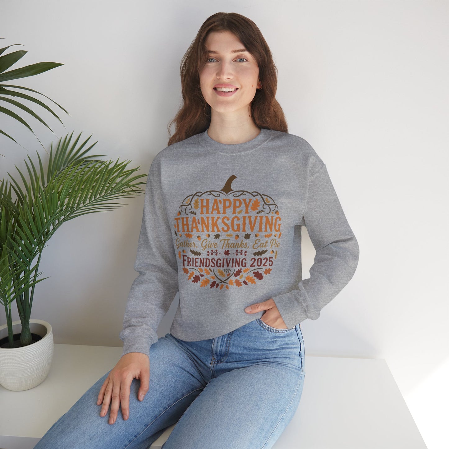 Happy Thanksgiving Friendsgiving 2025 Unisex Sweatshirt | Cozy Fall Apparel, Gift for Friends, Pumpkin Design, Autumn Fashion