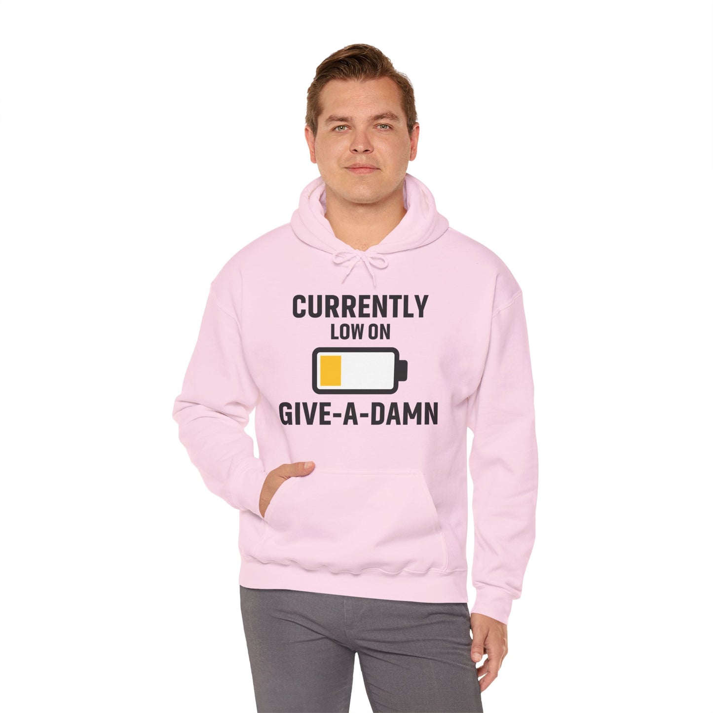 Currently Low On Give-A-Damn Unisex Hoodie | Casual Gift for Office Friends, Cozy Hoodie for Laughs, Humorous Apparel
