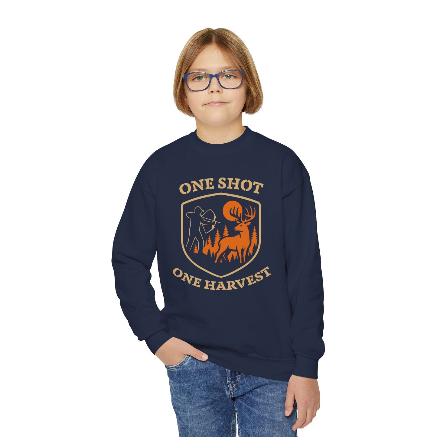 One Shot One Harvest Youth Unisex Sweatshirt | Perfect Gift for Young Hunters, Outdoor Sportswear, Fall and Winter Apparel