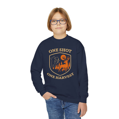 One Shot One Harvest Youth Unisex Sweatshirt | Perfect Gift for Young Hunters, Outdoor Sportswear, Fall and Winter Apparel