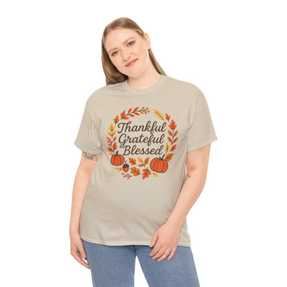 Thankful Grateful Blessed Unisex T-Shirt | Great Tee for Fall, Thanksgiving Gift, Autumn Apparel, Graphic Tee