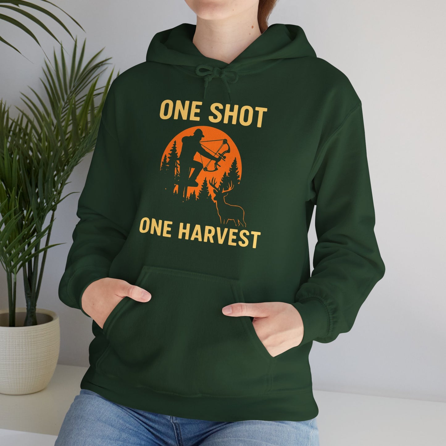 Hunting Theme Unisex Hoodie, One Shot One Harvest, Fall Apparel, Outdoor Gear, Gift for Hunters, Cozy Hoodie