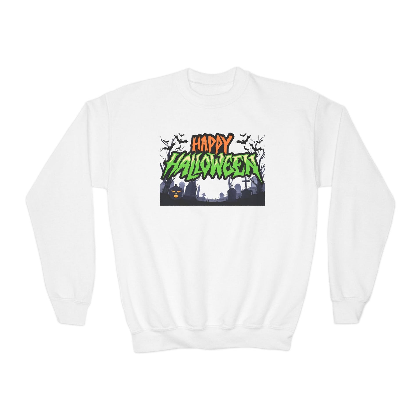 Happy Halloween Youth Crewneck Sweatshirt, Cute Halloween Gift, Spooky Sweatshirt, Fall Fashion, Kids Halloween Apparel