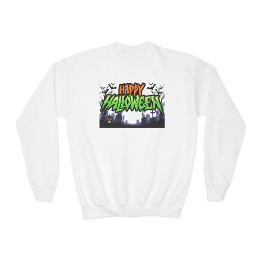 Happy Halloween Youth Crewneck Sweatshirt, Cute Halloween Gift, Spooky Sweatshirt, Fall Fashion, Kids Halloween Apparel