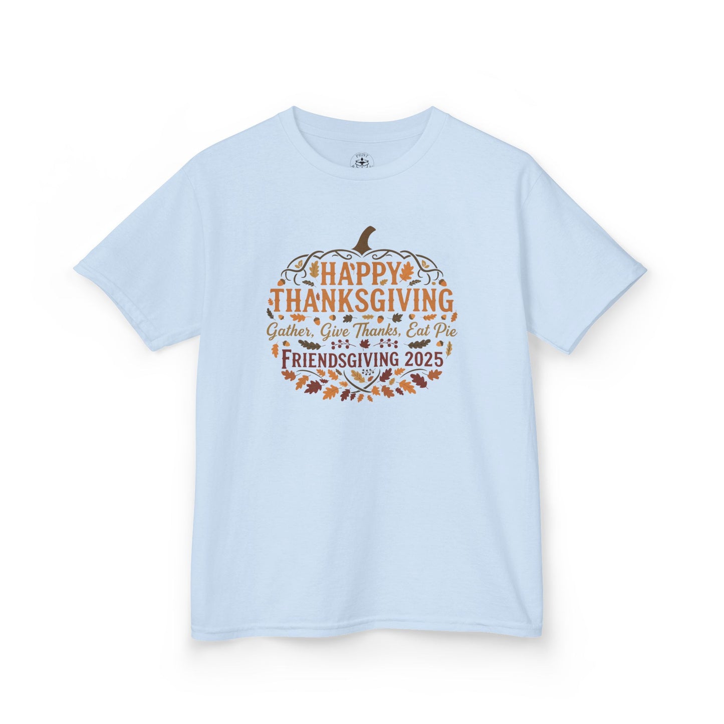 Happy Thanksgiving Friendsgiving 2025 Youth Unisex T-Shirt | Cute Thanksgiving Shirt, Fall Kids Clothing, Pumpkin Graphic Tee